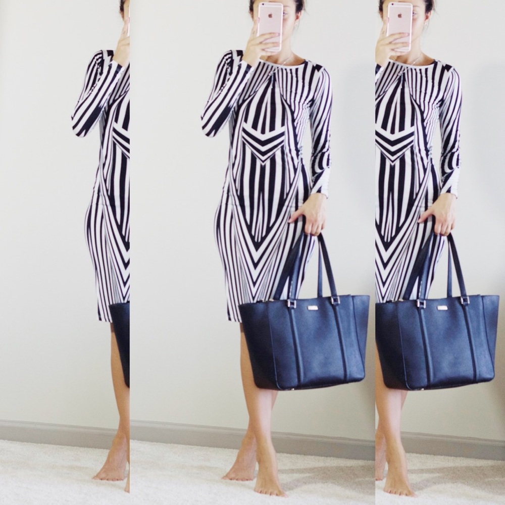 Topshop Black White Geometric Stripe Bodycon Midi Dress US 4